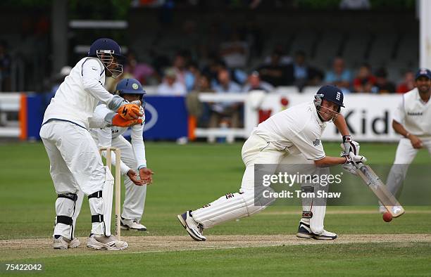 Jonathan Trott of England hits out during day 3 of the tour match between England Lions and India at the County Ground on July 15, 2007 in...