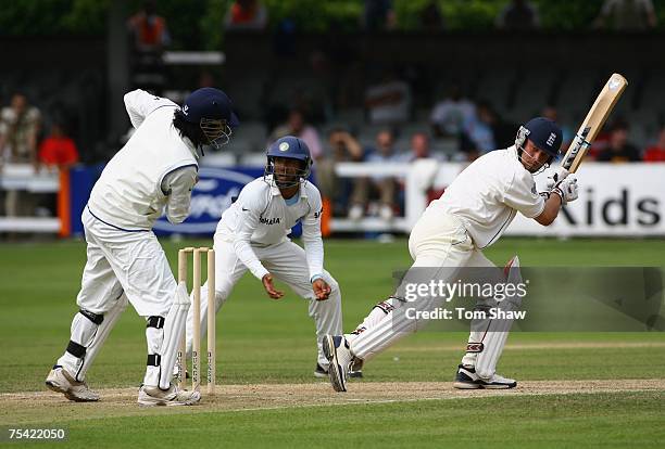 Jonathan Trott of England hits out during day 3 of the tour match between England Lions and India at the County Ground on July 15, 2007 in...