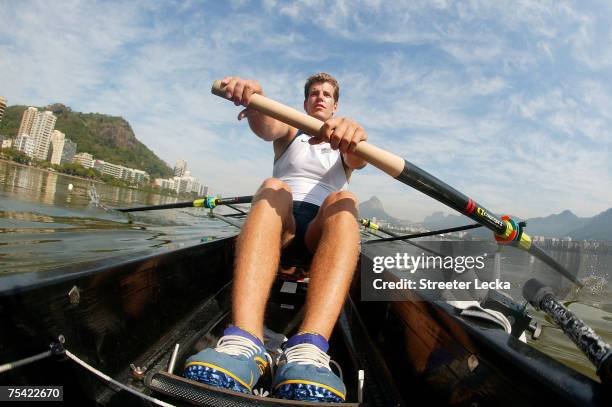 Tyler Winklevoss of the USA men's eight man practices during Day Two of the XV Pan American Games on July 15, 2007 at Lagoa Rowing Stadium in Rio de...