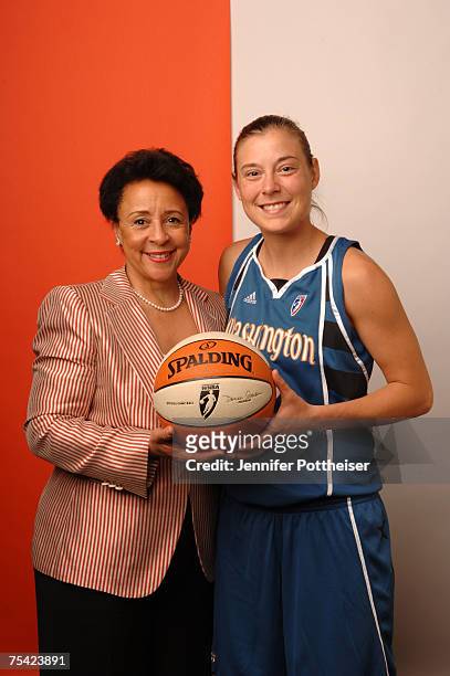 Sheila Johnson, President of the Washington Mystics poses for a portrait with Laurie Koehn after she won the 3 Point Shootout prior to the 2007 WNBA...