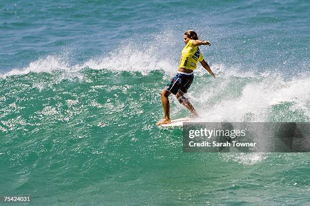 Jennifer Smith of the USA surfs to become the new Roxy ASP Womens World Longboard Champion, beating French surfer Justine Dupont on July 15, 2007 in...