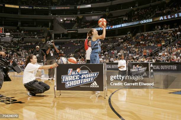 Laurie Koehn of the Washington Mystics shoots during the 3 Point Shootout prior to the 2007 WNBA All-Star Game presented by Discover Card on July 15,...