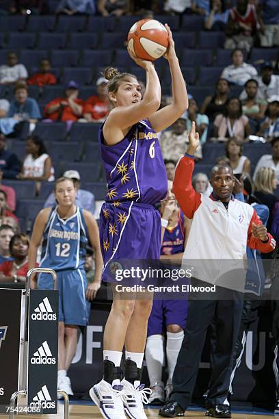 Sidney Spencer of the Los Angeles Sparks shoots during the 3 Point Shootout prior to the 2007 WNBA All-Star Game presented by Discover Card on July...