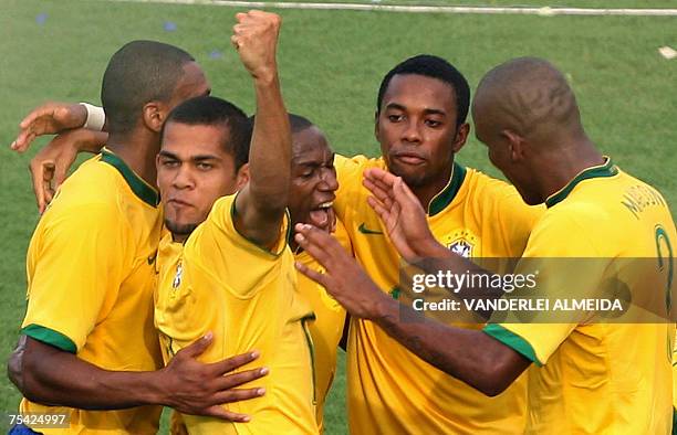 Brazil's Julio Baptista, Daniel Alves, Mineiro, Robinho and Maicon celebrate their team's goal second goal against Argentina during their Copa...