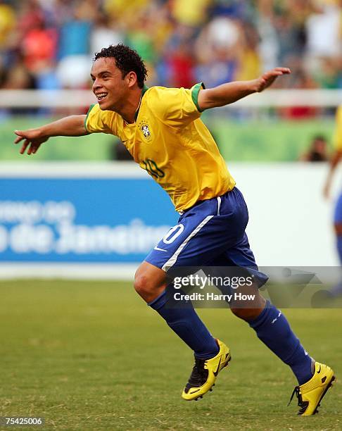 Lulinha of Brazil celebrates his second goal of the game with in the second half in a 3-0 win during the match between Honduras and Brazil in the...