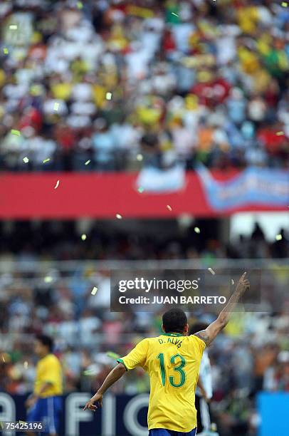 Brazil's defender Daniel Alves celebrates his goal, the third one of his team, against Argentina during their Copa America 2007 final match, 15 July...