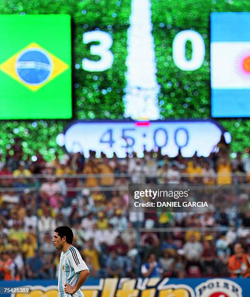 Argentine midfielder Juan Roman Riquelme shows his dejection at the end of the Copa America Venezuela-2007 final match against Brazil at the...