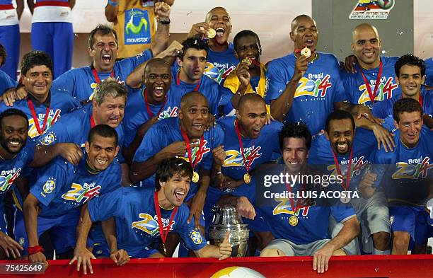 Brazilian football team celebrate his victory against Argentina during the awarding ceremony of the Copa America Venezuela-2007 final match at...