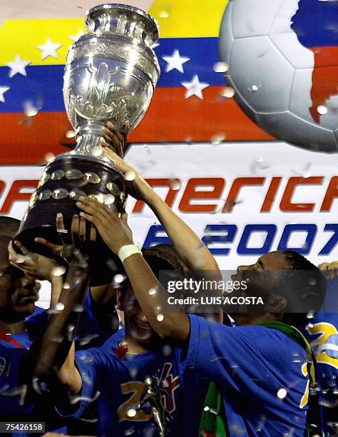 Brazil's player Robinho celebrates the victory of his team after winning the Copa America 2007 final match against Argentina at the Pachencho Romero...