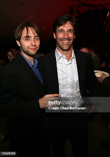 Actors Vincent Kartheiser and Jon Hamm attend AMC's premiere party for 'Mad Men' at The Friars Club on July 15, 2007 in Beverly Hills, California.