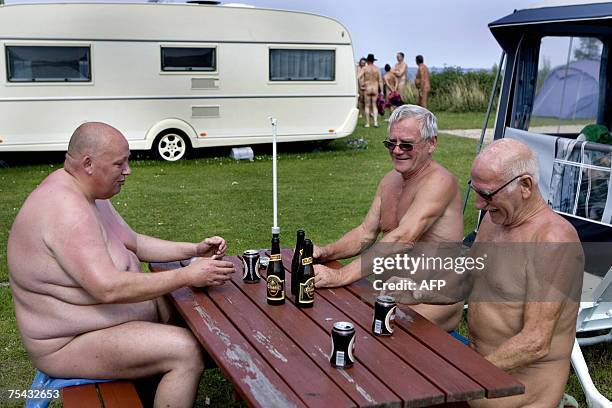 Kirke Hyllinge, DENMARK: Asger, Holger and John enjoy the summer weather and beers, 16 July 2007 in the Solbakken naturist camp site in Kirke...