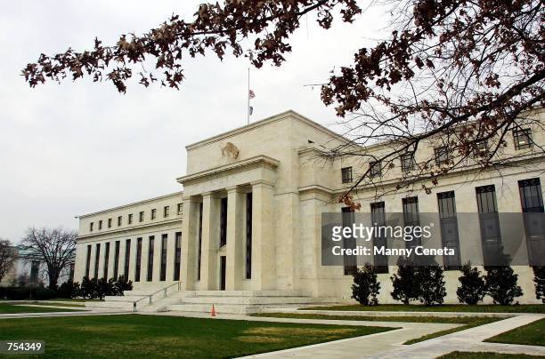 The Federal Reserve headquarters is seen December 7, 2001 from Constitution Avenue in Washington DC. Environmental tests conducted overnight were...