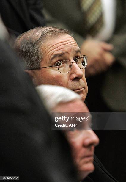 Los Angeles, UNITED STATES: Los Angeles Cardinal Roger Mahony sits next to Attorney J. Michael Hennigan during the settlement conference in the Los...