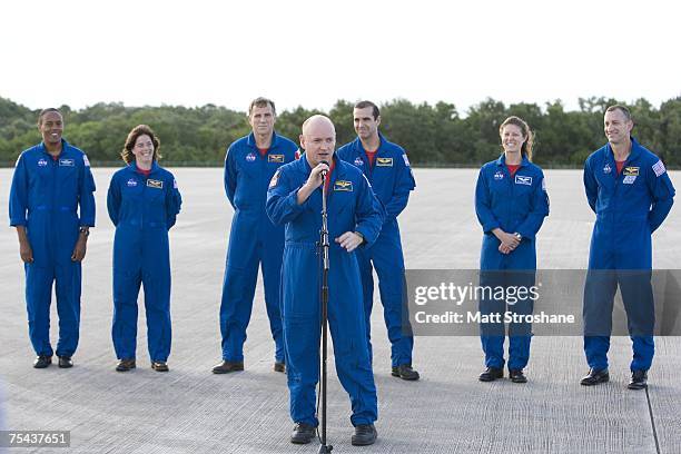 Commander Scott J. Kelly introduces the Space Shuttle Endeavour astronauts, mission specialists Alvin Drew Jr., former teacher Barbara R. Morgan,...