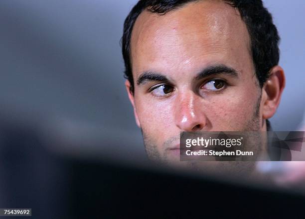 Landon Donovan of the Los Angeles Galaxy attends a press conference for the World Series of Football at the Home Depot Center July 16, 2007 in...