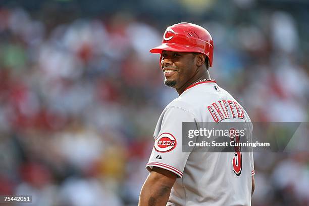 Ken Griffey, Jr. #3 of the Cincinnati Reds smiles during the game against the Atlanta Braves at Turner Field July 16, 2007 in Atlanta, Georgia. The...