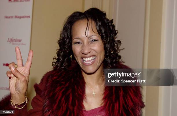 Cynthnia Garrett poses for photographers February 10, 2001 at the Hammerstein Ballroom in New York City after the "V-Day 2001" live performance of...