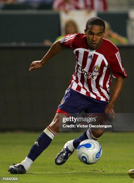 Maykel Galindo of CD Chivas USA cuts to his left toward the penalty area against the Columbus Crew in their MLS match on July 14, 2007 at the Home...