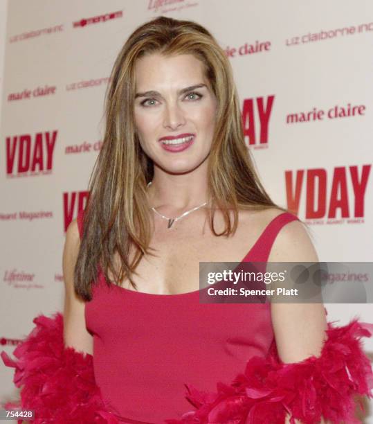 Brooke Shields poses for photographers February 10, 2001 at the Hammerstein Ballroom in New York City after the "V-Day 2001" live performance of Eve...