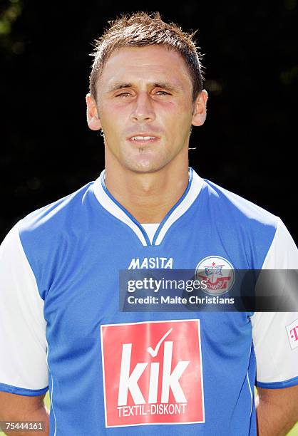 Marcel Schied poses during the Bundesliga 1st Team Presentation of Hansa Rostock at the training ground Kuehlungsborn on July 16, 2007 in...