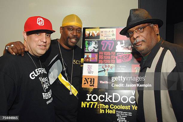 Disco Wiz, Grandmaster Caz and Radio Host Mark Riley at the screening of VH1's "NY77: The Coolest Year In Hell" at the Landmark Sunchine Theater in...