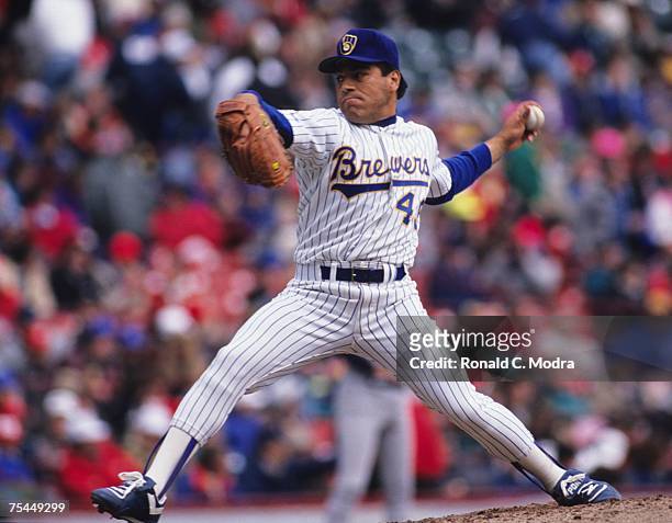 Teddy Higuera of the Milwaukee Brewers pitching to the Chicago White Sox on April 11, 1990 in Milwaukee, Wisconsin.