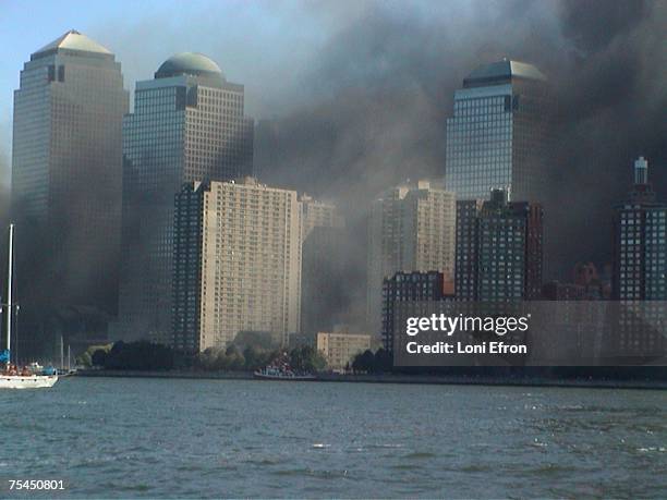 View from a rescue boat after the World Trade Center Towers collapsed because of a terrorist attack.