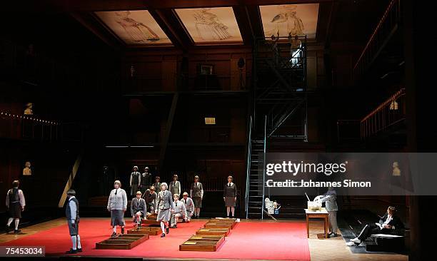 Actors perform on stage during the rehearsal of the opera "Meistersinger" of German composer Richard Wagner on July 17, 2007 in Bayreuth, Germany....