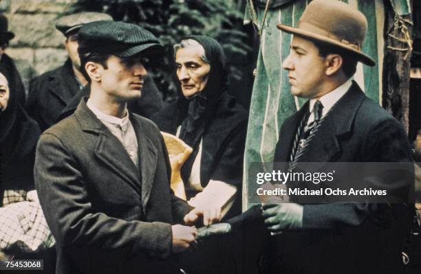 Robert De Niro and Bruno Kirby perform a scene in The Godfather Part II directed by Francis Ford Coppola in 1974 in New York, New York.