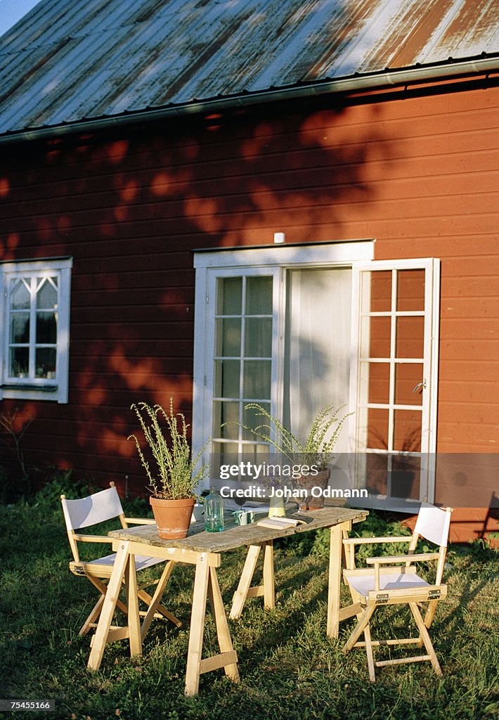 Garden furniture in a garden.