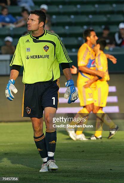 Goaltender Joe Cannon of the Los Angeles Galaxy reacts after allowing a goal from Walter Gaitan of the Tigres UAN during the World Series of Football...