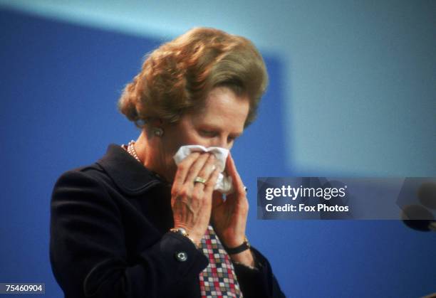 British Prime Minister Margaret Thatcher at the Conservative Party Conference in Brighton on her 59th birthday, the day after the Provisional IRA...