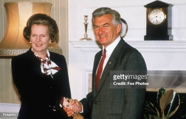 British Prime Minister Margaret Thatcher with Australian Prime Minister Bob Hawke at 10 Downing Street, London, 1986.