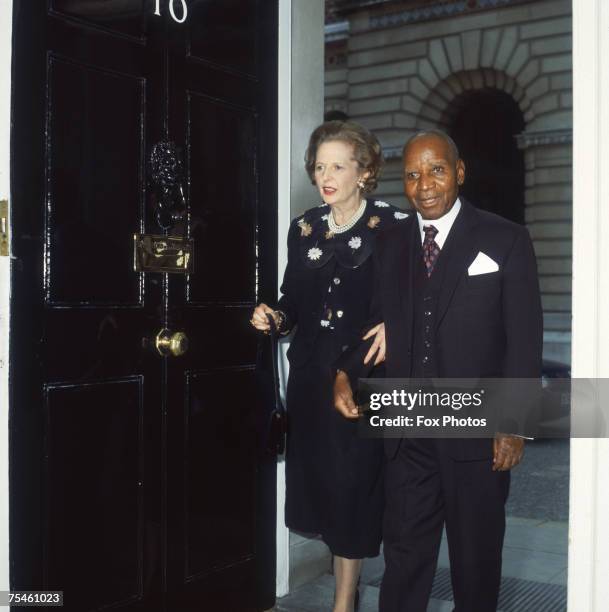 British Prime Minister Margaret Thatcher with President of Malawi, Hastings Banda at 10 Downing Street, London, 17th April 1985.