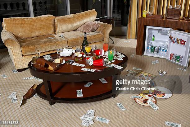messy hotel room after party - table after party stock pictures, royalty-free photos & images