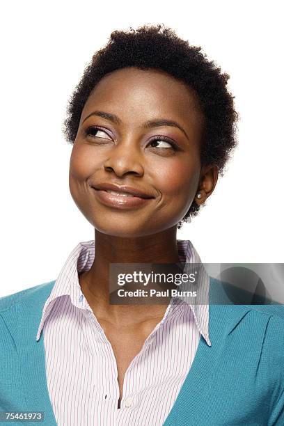 young woman looking to side, smiling, close-up - portrait white background looking away stock pictures, royalty-free photos & images