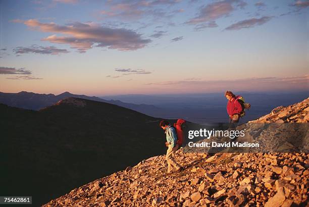 couple hiking down rocky slope in great basin national park, nevada, usa. - great basin photos et images de collection