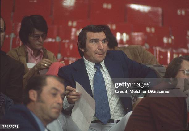 Canadian hockey player and Team Canada General Manager John Ferguson on the bench during game 6 of the Summit Series against Team USSR at the...