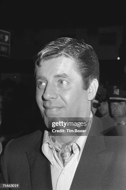 American comedian and actor Jerry Lewis attends an unidentified event, 1970s.