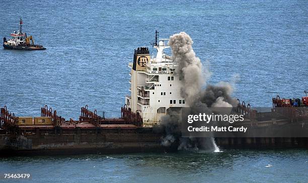 Explosives are detonated in an attempt to break the cargo ship MSC Napoli on July 18, 2007 near Branscombe, England. Marine engineers used explosives...