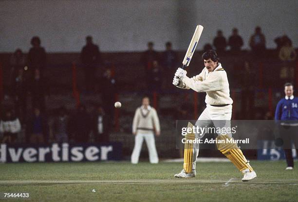 New Zealand cricketer Richard Hadlee hits a four during a floodlit cricket match between an invitation world XI and Surrey at Crystal Palace F.C.'s...