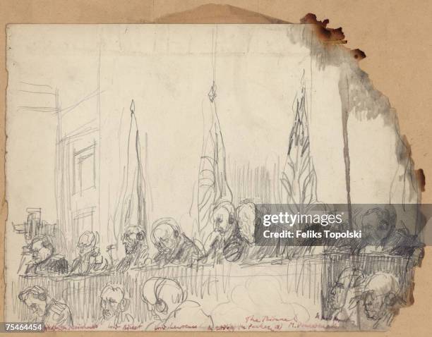 The judges presiding over the Nuremberg trials which followed World War II, circa 1946. From left to right, Lieutenant Colonel Alexander Fedorovich...