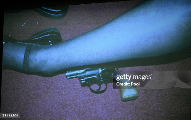 Photograph of actress Lana Clarkson's leg after her shooting death is projected at the murder trial in Superior Court July 18, 2007 in Los Angeles,...