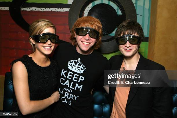 Emma Watson, Rupert Grint and Daniel Radcliffe don IMAX 3D glasses in celebration of the record breaking opening of 'Harry Potter and the Order of...