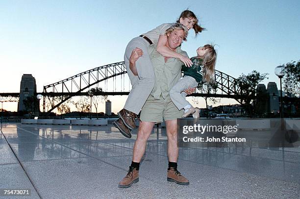 Steve Irwin with his wife Terri and daughter Bindi at the George Street Theatre in Sydney, Australia.