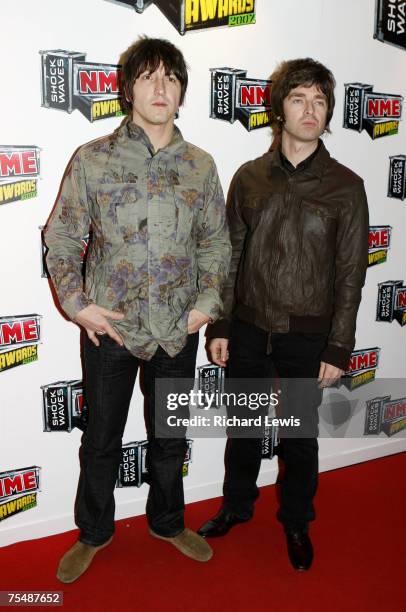 Gem Archer and Noel Gallagher of Oasis arrive at the Shockwaves NME Awards 2007 at the Hammersmith Palais in London, United Kingdom.