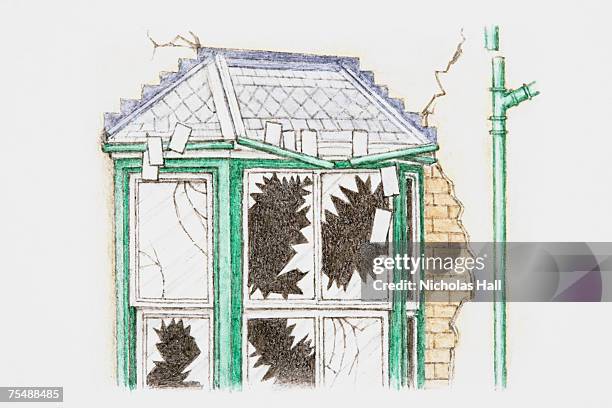 bay window with smashed panes - skinny jeans stock illustrations