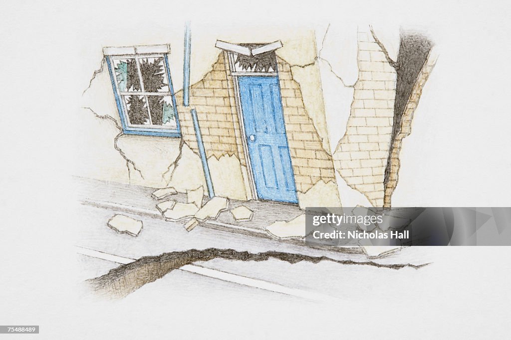 Cracks on the street road and walls falling down.