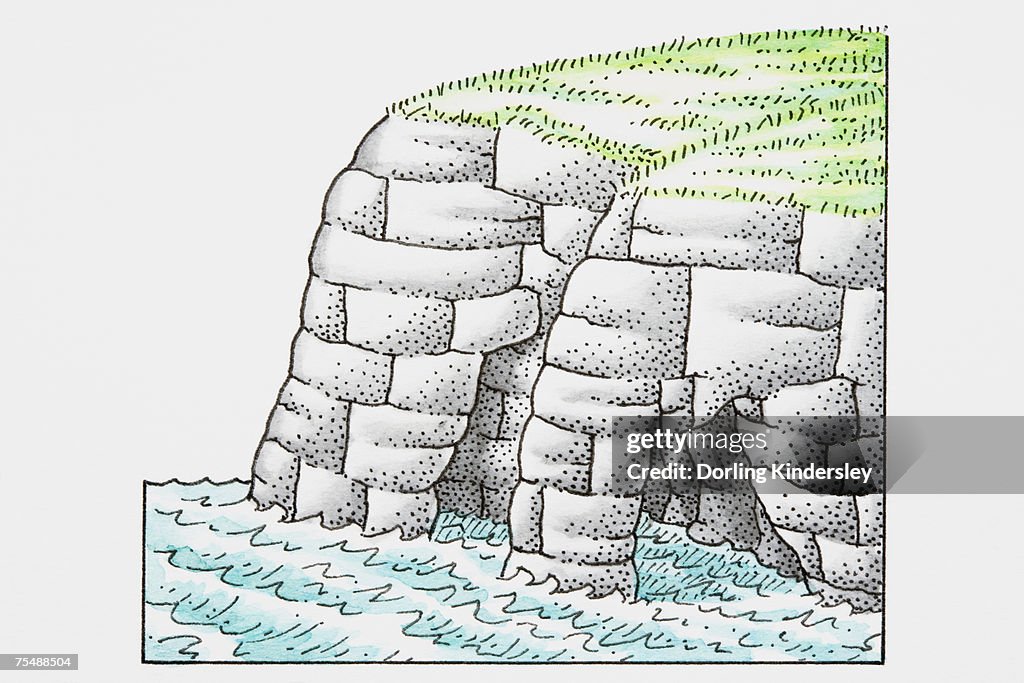 Illustration of base of cliffs worn away by water erosion, forming arches
