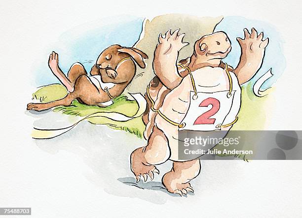 ilustrações, clipart, desenhos animados e ícones de cartoon, tortoise walking upright tearing through race finish-line ribbon, raising its 'arms' in victory with number bib strapped to its belly, sleeping hare leaning on tree trunk in background, tortoise and the hare fable - lebre